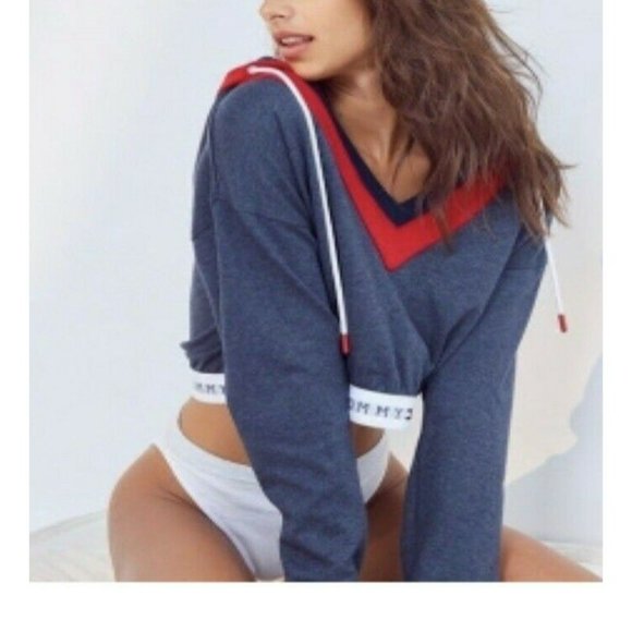 Tommy Hilfiger Logo Gray Cropped Hoodie Sweatshirt V-Neck Sz M Urban Outfitters - Picture 7 of 9